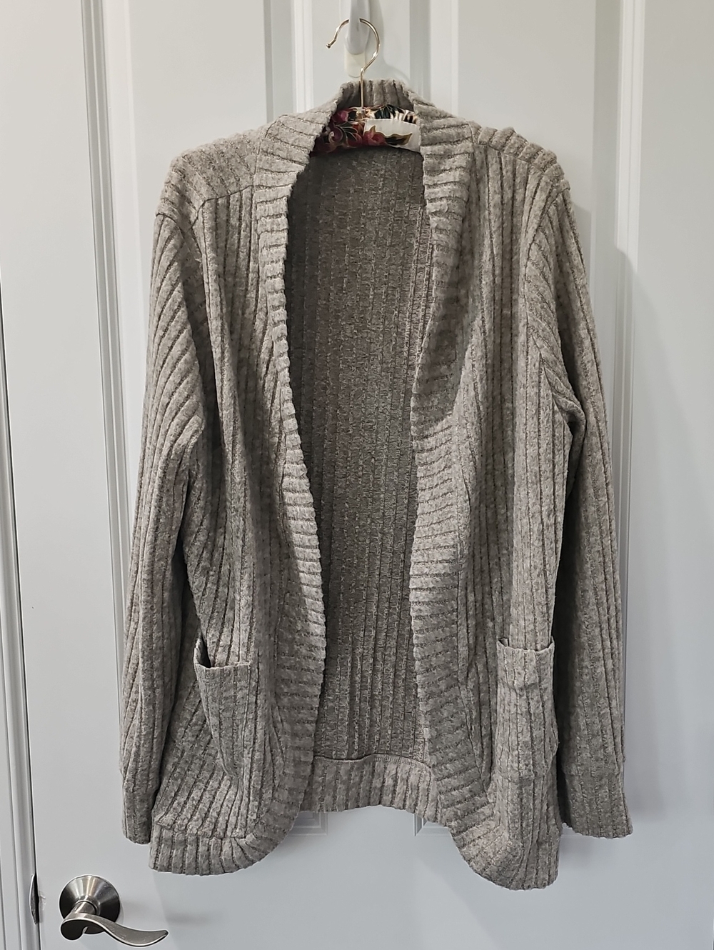 Open-Front Taupe/Light Gray Ribbed Women's Cardigan